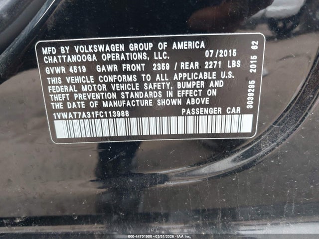 44701900 :رقم المزاد ، 1VWAT7A31FC113988 vin ، 2015 Volkswagen Passat 1.8t Limited Edition مزاد بيع