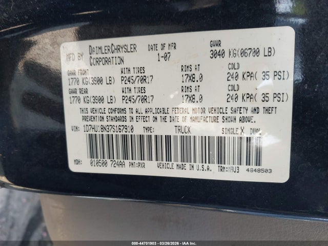 Продаж на аукціоні авто 2007 Dodge Ram 1500 Slt/trx4 Off Road/sport, vin: 1D7HU18N37S167910, номер лоту: 44701903