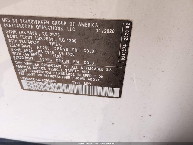 Продаж на аукціоні авто 2020 Volkswagen Atlas Cross Sport 2.0t Sel/2.0t Sel Premium/2.0t Sel Premium R-line/2.0t Sel R-line, vin: 1V2MC2CA3LC205435, номер лоту: 44701909