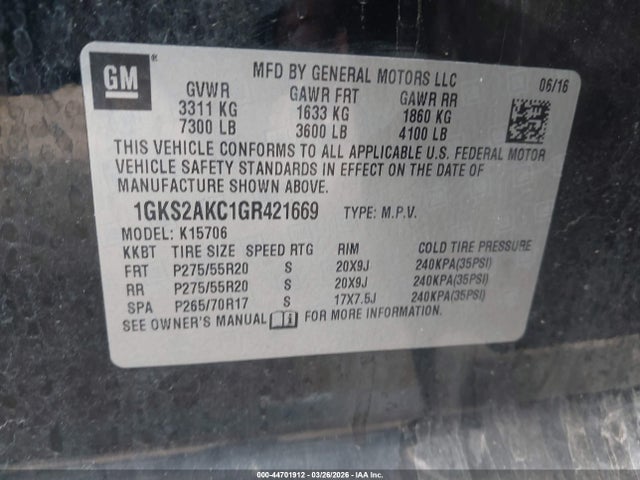 44701912 :رقم المزاد ، 1GKS2AKC1GR421669 vin ، 2016 Gmc Yukon Sle مزاد بيع