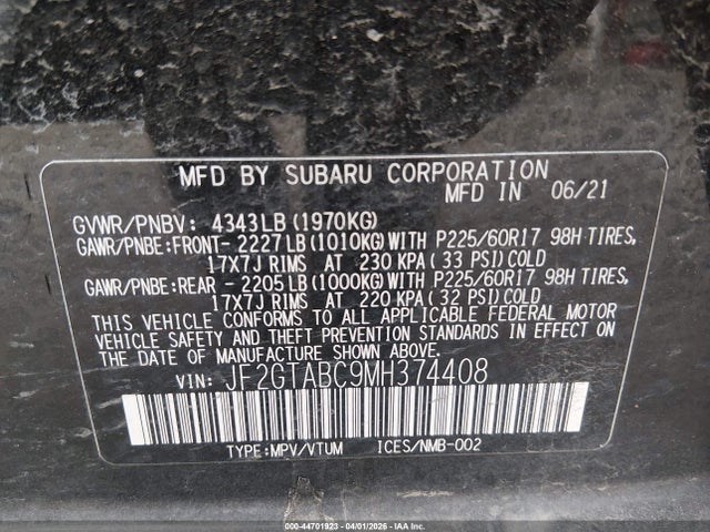 Продаж на аукціоні авто 2021 Subaru Crosstrek, vin: JF2GTABC9MH374408, номер лоту: 44701923