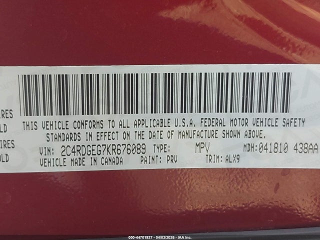 Продажа на аукционе авто 2019 Dodge Grand Caravan Gt, vin: 2C4RDGEG7KR676089, номер лота: 44701927