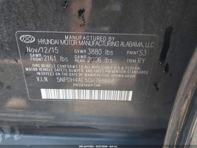 Aukcja sprzedaży 2016 Hyundai Elantra Value Edition, vin: 5NPDH4AE5GH788668, numer aukcji: 44701961