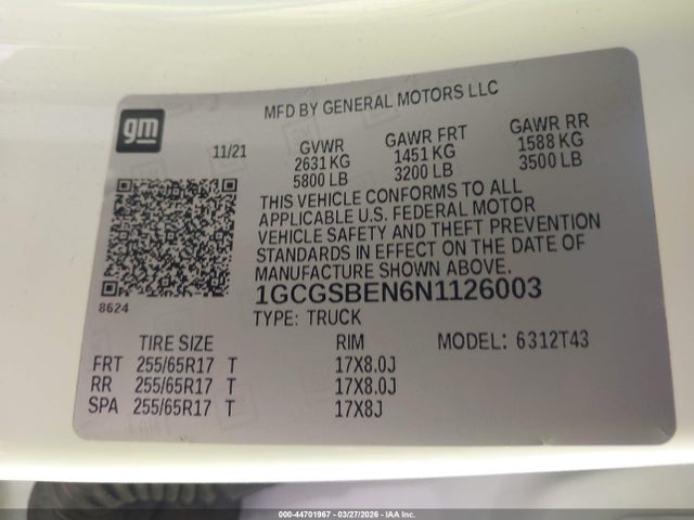 1GCGSBEN6N1126003 Chevrolet Colorado 2wd Long Box Wt