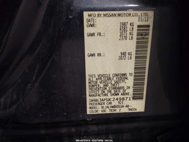 2013 Nissan Altima 3.5 Sl მანქანა იყიდება აუქციონზე, vin: 1N4BL3AP5DC249871, აუქციონის ნომერი: 44701974