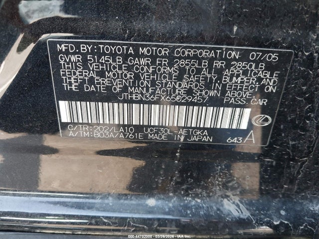Aukcja sprzedaży 2006 Lexus Ls 430, vin: JTHBN36FX65029457, numer aukcji: 44702000