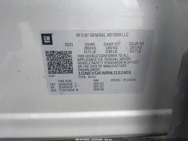 Продажа на аукционе авто 2021 Chevrolet Traverse Awd Lt Cloth, vin: 1GNEVGKW9MJ153405, номер лота: 44702032