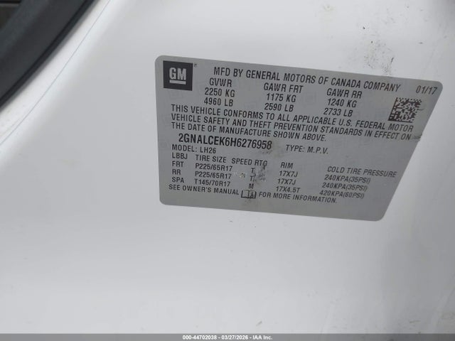 44702038 :رقم المزاد ، 2GNALCEK6H6276958 vin ، 2017 Chevrolet Equinox Lt مزاد بيع