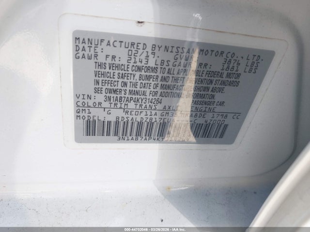 Aukcja sprzedaży 2019 Nissan Sentra Sv, vin: 3N1AB7AP4KY314264, numer aukcji: 44702046