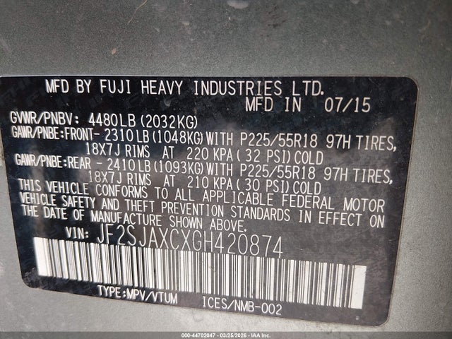 44702047 :رقم المزاد ، JF2SJAXCXGH420874 vin ، 2016 Subaru Forester 2.5i Touring مزاد بيع