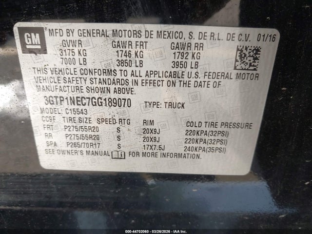 44702060 :رقم المزاد ، 3GTP1NEC7GG189070 vin ، 2016 Gmc Sierra 1500 Slt مزاد بيع