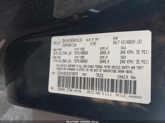 Aukcja sprzedaży 2005 Dodge Ram 1500 Slt/laramie, vin: 1D7HA18D35S278079, numer aukcji: 44702065