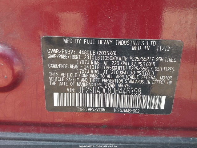 Aukcja sprzedaży 2013 Subaru Forester 2.5x Premium, vin: JF2SHADC8DH446398, numer aukcji: 44702070