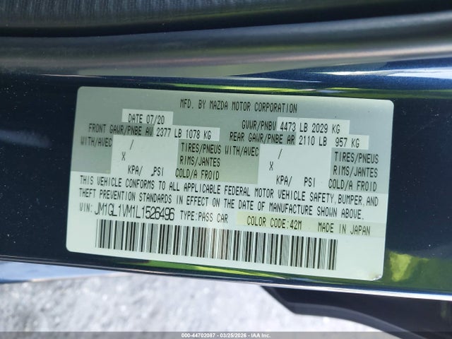 Продаж на аукціоні авто 2020 Mazda Mazda6 Touring, vin: JM1GL1VM1L1526496, номер лоту: 44702087