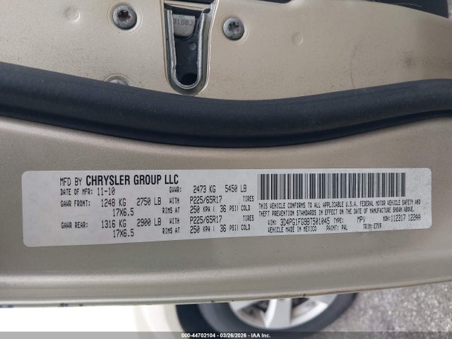 Продажа на аукционе авто 2011 Dodge Journey Mainstreet, vin: 3D4PG1FG9BT501045, номер лота: 44702104