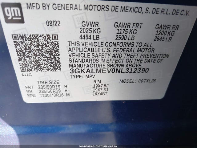 44702107 :رقم المزاد ، 3GKALMEV0NL312390 vin ، 2022 Gmc Terrain Fwd Sle مزاد بيع