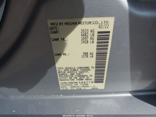1N4BL4DW1NN344779 Nissan Altima Sv Intelligent Awd