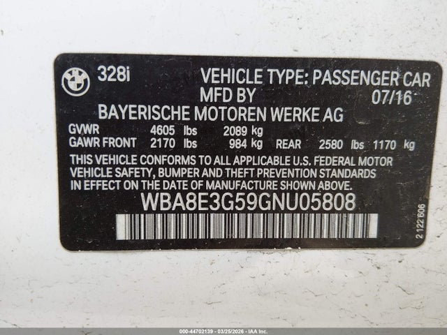 2016 Bmw 328i Xdrive მანქანა იყიდება აუქციონზე, vin: WBA8E3G59GNU05808, აუქციონის ნომერი: 44702139