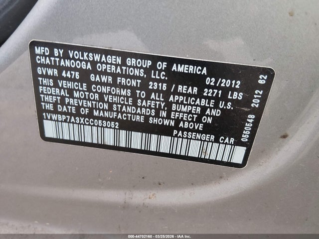Продаж на аукціоні авто 2012 Volkswagen Passat 2.5l Se, vin: 1VWBP7A3XCC053052, номер лоту: 44702160