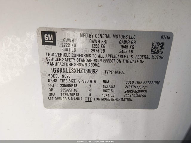 2017 Gmc Acadia Sle-2 მანქანა იყიდება აუქციონზე, vin: 1GKKNLLSXHZ138892, აუქციონის ნომერი: 44702162