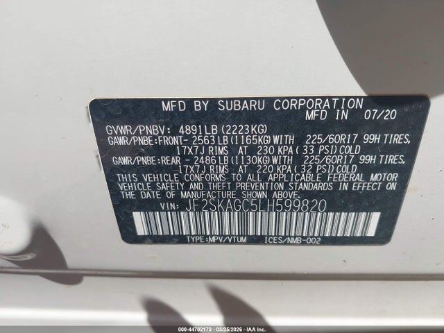 Продажа на аукционе авто 2020 Subaru Forester Premium, vin: JF2SKAGC5LH599820, номер лота: 44702173