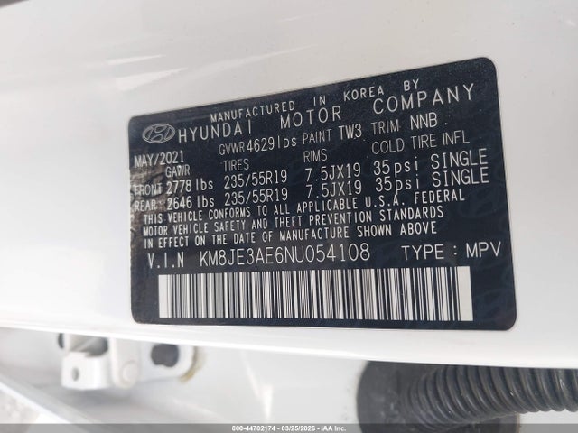 Продажа на аукционе авто 2022 Hyundai Tucson Limited, vin: KM8JE3AE6NU054108, номер лота: 44702174
