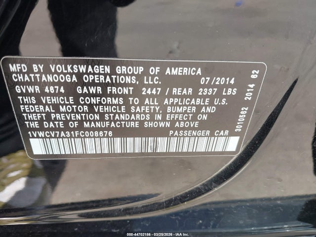 1VWCV7A31FC008676 Volkswagen Passat 2.0l Tdi Sel Premium