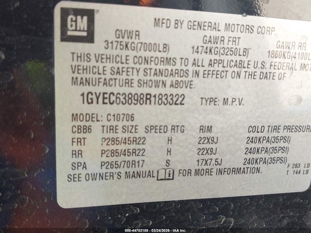 2008 Cadillac Escalade Standard მანქანა იყიდება აუქციონზე, vin: 1GYEC63898R183322, აუქციონის ნომერი: 44702188
