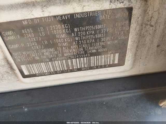 2011 Subaru Outback 3.6r Limited მანქანა იყიდება აუქციონზე, vin: 4S4BRDLC3B2439949, აუქციონის ნომერი: 44702203