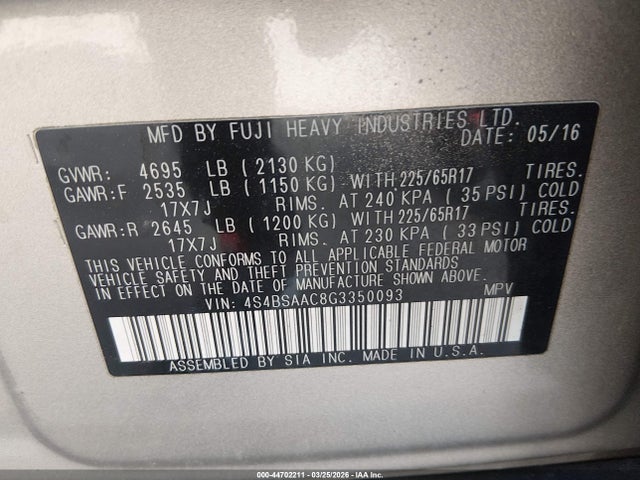 2016 Subaru Outback 2.5i მანქანა იყიდება აუქციონზე, vin: 4S4BSAAC8G3350093, აუქციონის ნომერი: 44702211