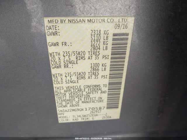 5N1AZ2MG9GN170587 Nissan Murano Platinum