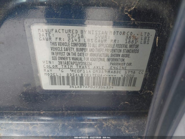 3N1AB7AP0JY316334 Nissan SENTRA S