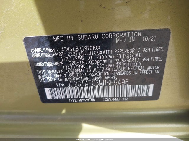 Aukcja sprzedaży 2021 Subaru Crosstrek Premium, vin: JF2GTAEC3MH665496, numer aukcji: 44702221