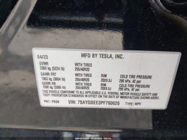 44702253 :رقم المزاد ، 7SAYGDEE3PF760626 vin ، 2023 Tesla Model Y Awd/long Range Dual Motor All-wheel Drive مزاد بيع