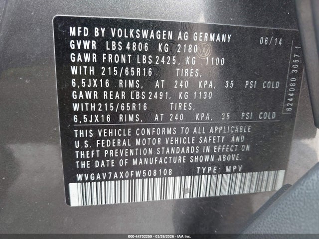 Продажа на аукционе авто 2015 Volkswagen Tiguan S, vin: WVGAV7AX0FW508108, номер лота: 44702259