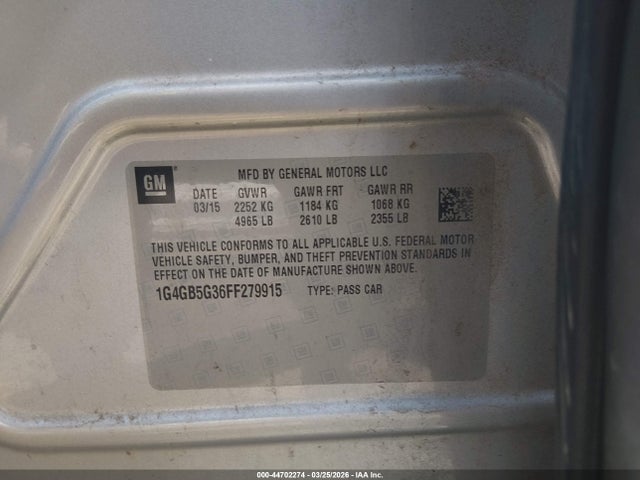 Продаж на аукціоні авто 2015 Buick Lacrosse Leather, vin: 1G4GB5G36FF279915, номер лоту: 44702274