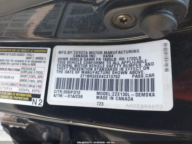 Продаж на аукціоні авто 2004 Toyota Corolla S, vin: 2T1BR32E04C313702, номер лоту: 44702278