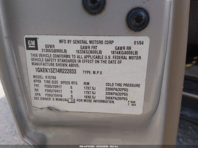 Aukcja sprzedaży 2004 Gmc Yukon Slt, vin: 1GKEK13Z74R222833, numer aukcji: 44702280
