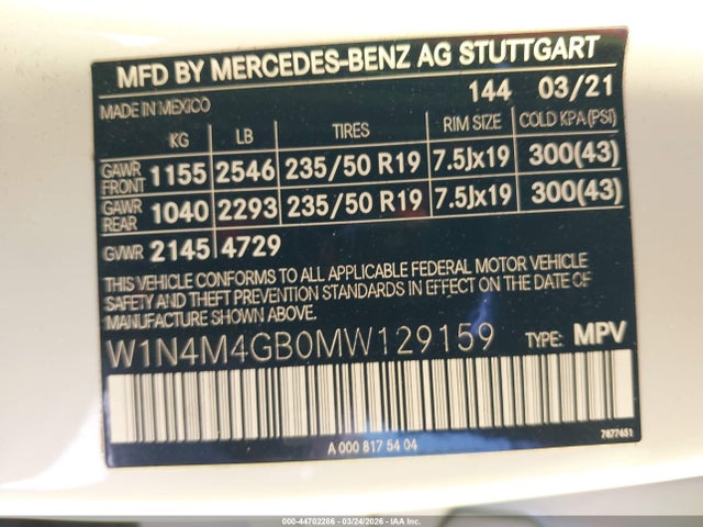 44702286 :رقم المزاد ، W1N4M4GB0MW129159 vin ، 2021 Mercedes-benz Glb 250 مزاد بيع