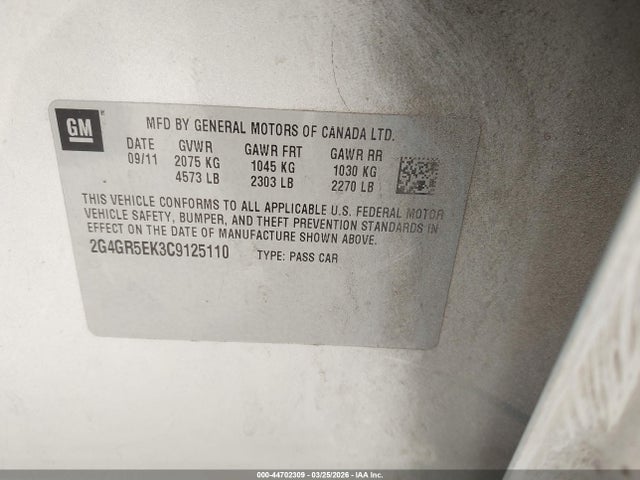 44702309 :رقم المزاد ، 2G4GR5EK3C9125110 vin ، 2012 Buick Regal مزاد بيع