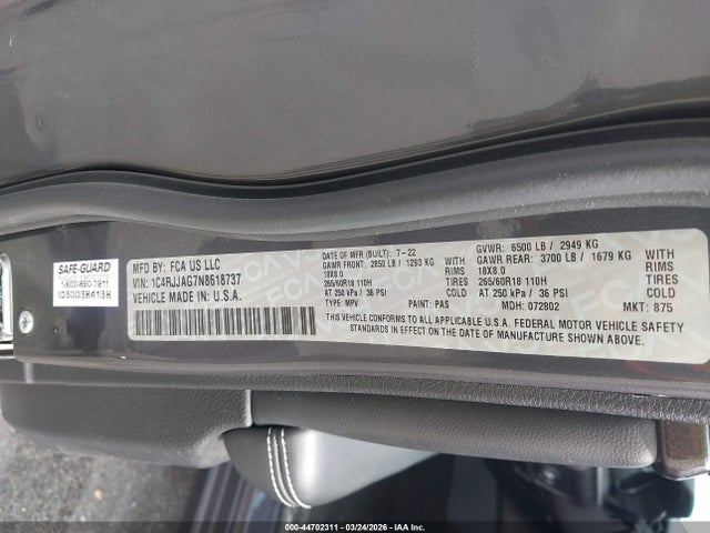 Продаж на аукціоні авто 2022 Jeep Grand Cherokee L Laredo 4x2, vin: 1C4RJJAG7N8618737, номер лоту: 44702311
