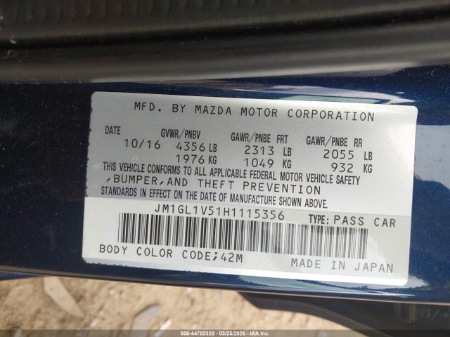 Aukcja sprzedaży 2017 Mazda Mazda6 Touring, vin: JM1GL1V51H1115356, numer aukcji: 44702320