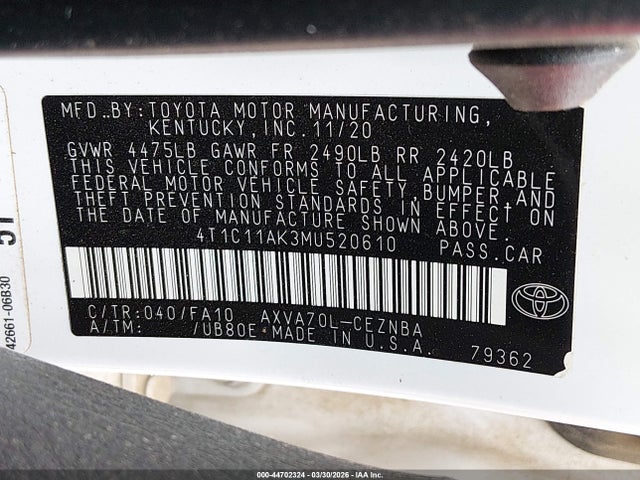Продажа на аукционе авто 2021 Toyota Camry Le, vin: 4T1C11AK3MU520610, номер лота: 44702324