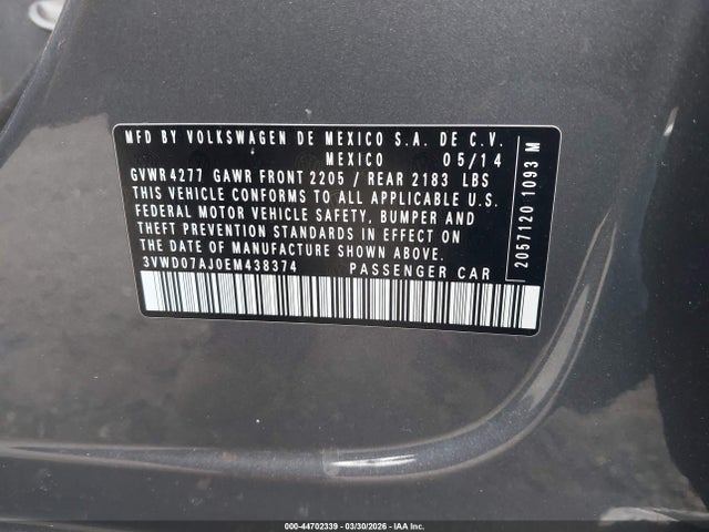 Продаж на аукціоні авто 2014 Volkswagen Jetta 1.8t Se, vin: 3VWD07AJ0EM438374, номер лоту: 44702339