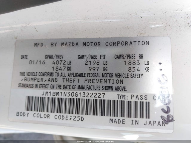 Продажа на аукционе авто 2016 Mazda Mazda3 S Grand Touring, vin: JM1BM1N30G1322227, номер лота: 44702344