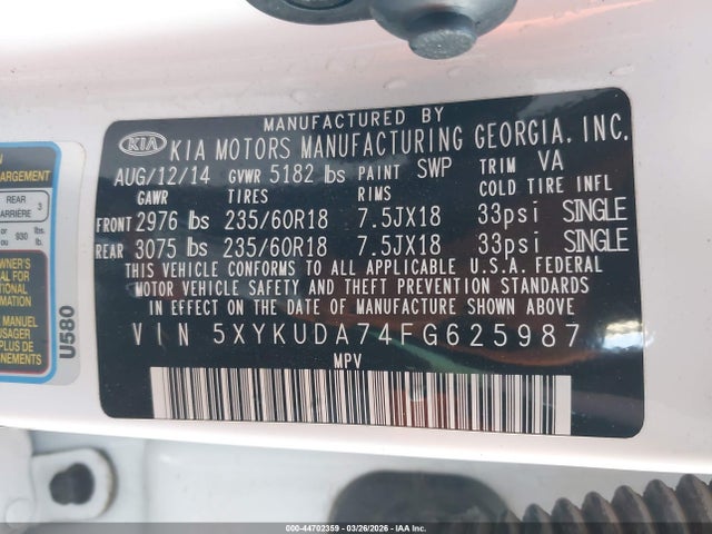 Aukcja sprzedaży 2015 Kia Sorento Ex V6, vin: 5XYKUDA74FG625987, numer aukcji: 44702359