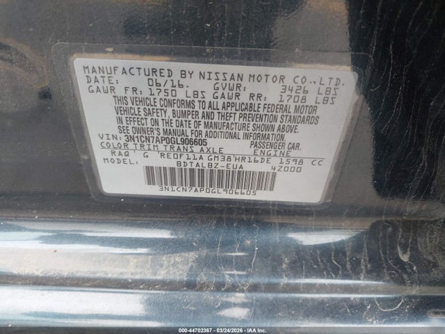 3N1CN7AP0GL906605 Nissan Versa 1.6 Sv