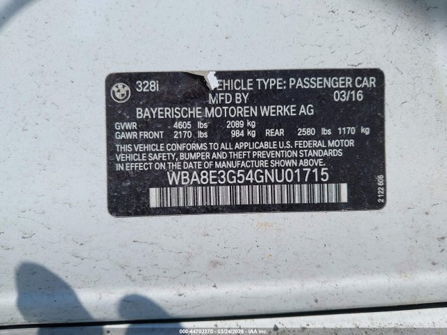 2016 Bmw 328i Xdrive მანქანა იყიდება აუქციონზე, vin: WBA8E3G54GNU01715, აუქციონის ნომერი: 44702370