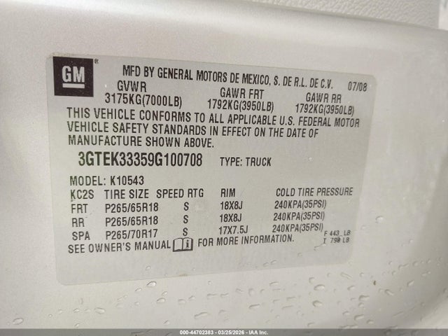 44702383 :رقم المزاد ، 3GTEK33359G100708 vin ، 2009 Gmc Sierra 1500 Slt مزاد بيع