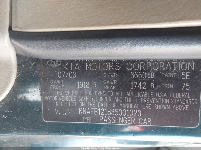 2003 KIA SPECTRA KNAFB121835301023 Photo 8